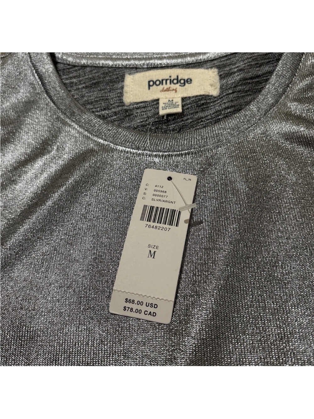 Porridge Top Womens M Silver Glam Tee Metallic Short Sleeve Shiny Shimmer Crew - Picture 10 of 10